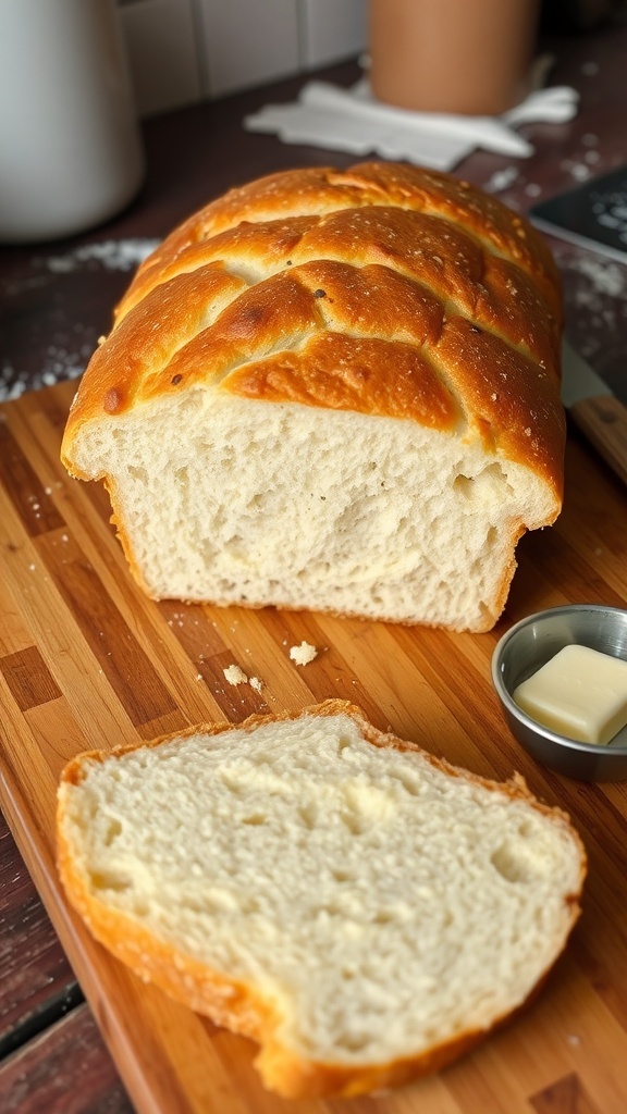 Quick Homemade Bread with Fast Rising Yeast Freshly baked homemade bread loaf on a cutting board with slices and butter.